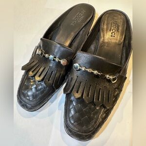 Sesto Meucci Basket Woven Leather Slides Black Size 8.5 N Italian Mules WOMENS